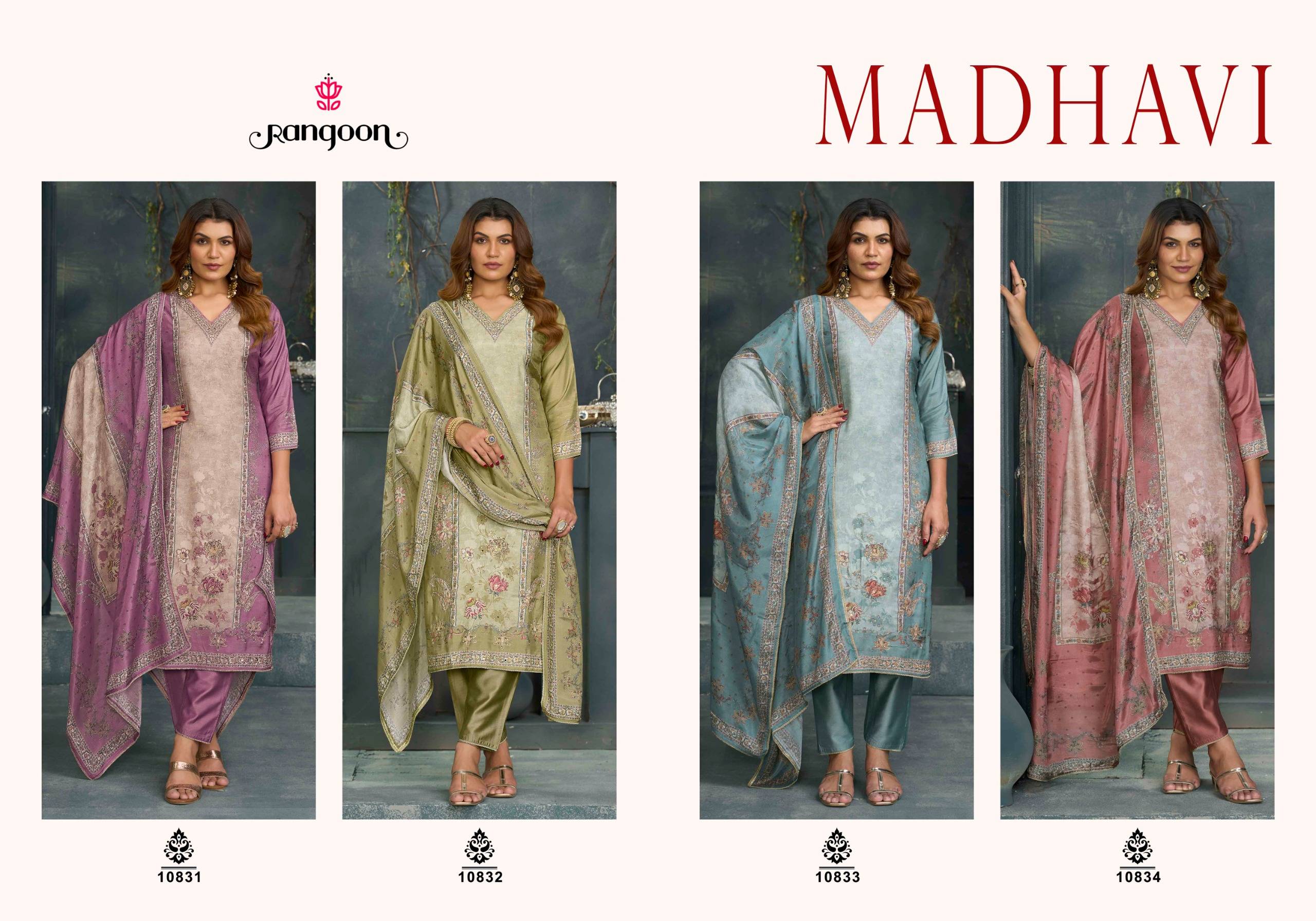 MADHAVI BY Rangoon 10831 to 10834 series Stylish Fancy stitched dresses pure muslin At Wholesale Price